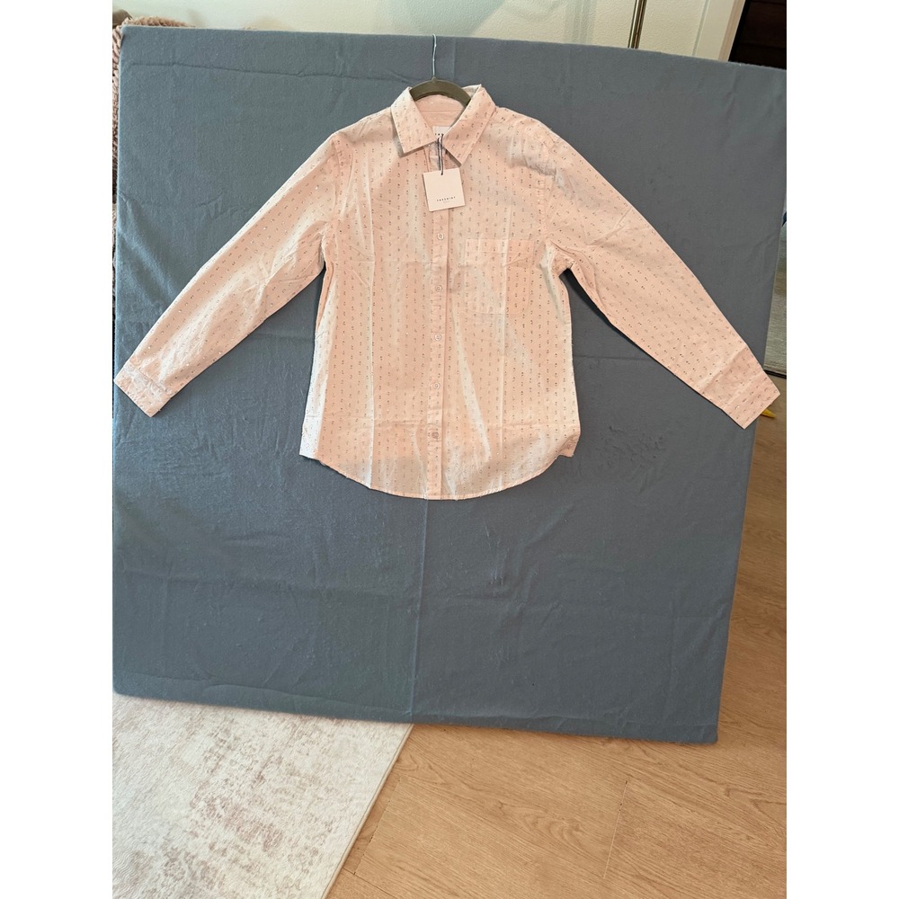 The Shirt Rochelle Behrens Pink Silver Metallic Dot Button Down Cotton Top S NEW